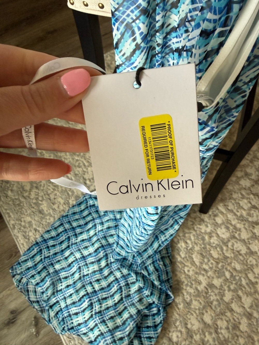 NWT Calvin Klein Halter Maxi Dress Blue Abstract Print Chiffon Ruched Size 14 - Picture 6 of 10